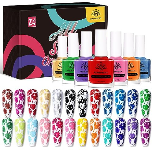 BORN PRETTY Nail Art Stamping Polish Stampinglack Set Rot Blau Gelb Stamping Lack Nagellack Farben Nagellack Stempeln Colourful Manicuring Plate Printing Polish Varnish 24 Farben Set
