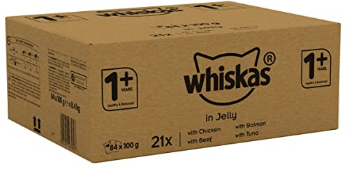 Whiskas Wet Pouches, Delicious and Tasty Poultry Selection in Jelly, Suitable for Adult Cats Aged 1+, MegaPack (84 x 100 g)