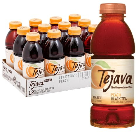 Tejava Unsweetened Peach Iced Tea, 16.9 Ounce PET Bottles, Natural, Non-GMO-Verified, Rainforest Alliance-Certified (12 Pack)