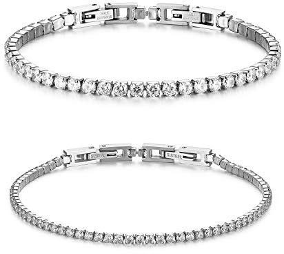 JewelryWe Paar Armband Tennisarmband Partnerarmband: 2pcs Edelstahl Weiß Zirkonia Tennis Armband Freundschaftsarmband mit Abnehmbaren Schnallen Verstellbare Fußkettchen Armkette Pärchen Armreif