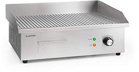 Klarstein Elektrogrill, Grillplatte, Elektrische Grillplatte, Tischgrill, Elektrogrill aus Edelstahl, Spritzschutz & Auffangbehälter, Glatte XL Grillfläche: 54,5x35 cm, Stufenlos 50-300 °C, 3000 Watt