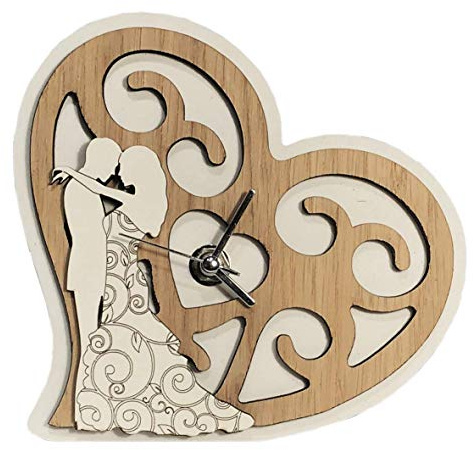 Regalami.shop, Bomboniera per matrimonio (Linea Matilde), orologio con lancette argentate cm.15x15 con cuore in legno naturale e coppia di sposi, completa di scatola, confetti e nastro bianco