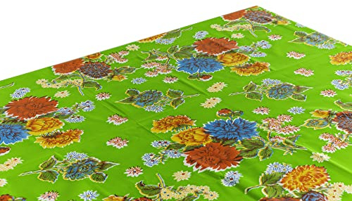 First Choice Vinyls Alux Oilcloth Table Cloth - Waterproof Wipeable Tablecloths - Non-Fading Plastic Table Cover with Better Than Flannel Backing - Chrysanthemums Green (55x90in Oval)
