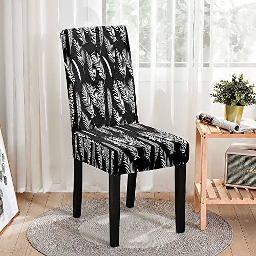 Odot Stuhlhussen Esstisch, Stretch Stuhlhussen Hussen Abnehmbarer Waschbarer Stuhlbezug 3D Pflanzen Drucken Sesselbezug für Hotel,Bankett,Restaurant,Haus (4er Set,Schwarz-Weiss)