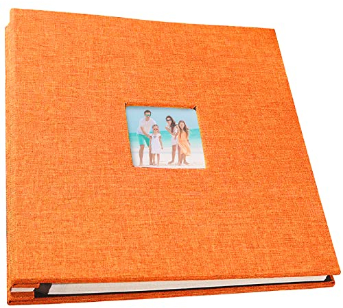 AKOFIC Selbstklebende Fotoalbum, 28x27 cm Großes Leinen Einsteckalbum mit 40 Weißen Seiten und Fensterausschnitt, Photo Album zum Selbstgestalten für 4 x 6 zoll oder 8 x 10 zoll Foto (Orange)