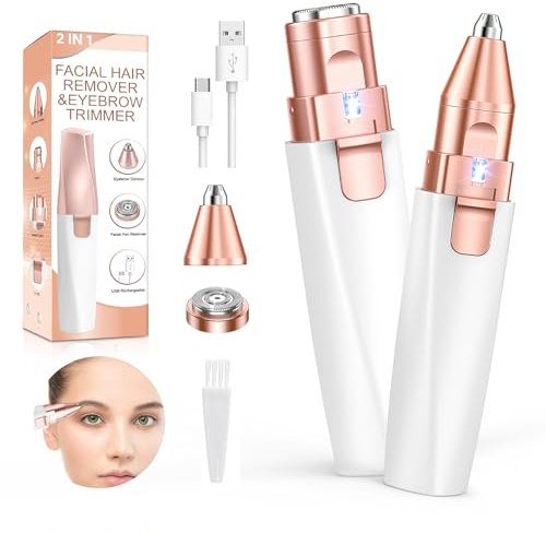 Rasoir Visage Femme Duvet Electrique, Rasoir Électrique 2 en 1 pour Sourcils et Visage, Epilateur Visage Femme, Rechargeable Lumière LED et Parfait pour Enlever Poils sur Sourcils/Visage/Lèvres/Bras