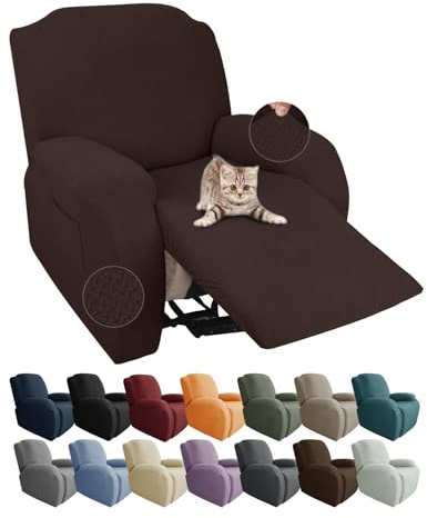 JIVINER 4-Piece Recliner Chair Covers Stretch Jacquard Chair Covers for Reclining Chair Recliner Slipcovers for Living Room Soft Recliner Protector with Pocket (Recliner,Dark Coffee)