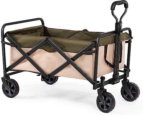 WYJRO Khaki Bollerwagen Faltbar,Grün Faltbar Garten Handwagen Breite Reifen Transportwagen Kapazität 90L Mit Seitentasche Verstellbarem Griff,Bis 80Kg Tragkraft,(a) Khaki