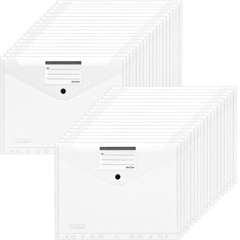 Donken 36 Stück Dokumentenmappe A4, Transparente Dokumententasche mit Druckknopf, Wasserdicht Sammelmappen Mappen mit 11 Binderlöcher und Etikettentasche (Schwarzer Druckknopf)