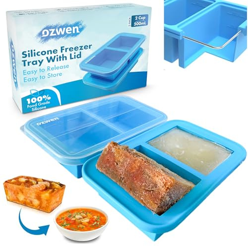 Ozwen 2-Cup Extra Large Silicone Soup Freezer Tray with Lid, Meal Prep with Soup Freezer Food Cubes Container, Food Freezer Tray and Storage Moulds for Sauce & Broth & Leftover (2-Pack, Blue)