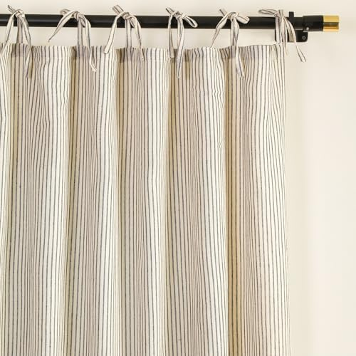 THE ART BOX Gauze Striped Curtains, Boho Linen Gauze Tie Top Hanging Curtains Light Filtering Door Window Treatment 2 Panel Drapes for Living Room Home Décor Black (72x42 Each Panel)