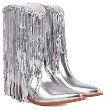 OTMYIGO Frans för kvinnor, medelbred vad, cowgirl, cowgirl, cowgirl, glittriga metalliska västerländska stövlar för kvinnor, spetsiga ankelstövlar mode feststövlar, SILVER, 39 EU