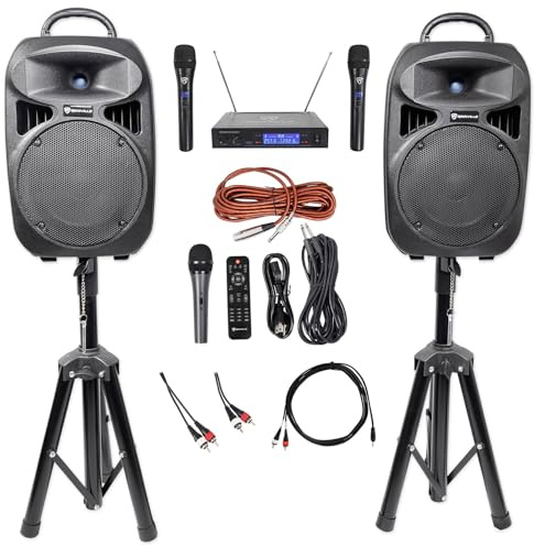 Rockville RPG082K Bundle: Dual 8 Powered PA Speakers, Mic, Stands and Cables, RWM1203VH VHF Wireless Dual Microphone, RCDR10B 10 ft Dual RCA Cable, RNRMR10 10 ft 3.5mm to RCA Cable, 4-Items