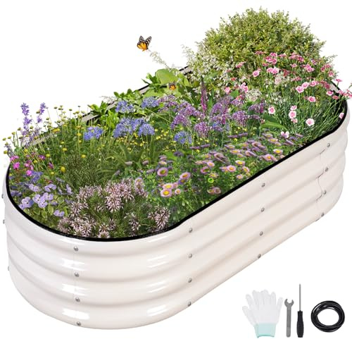 Permade Galvanized Raised Garden Bed - 4x2x1FT Metal Planter Boxes Outdoor | Oval Steel Raised Bed Kit for Gardening with Protective Tape, Gloves for Vegetables, Flower, Herb (White)