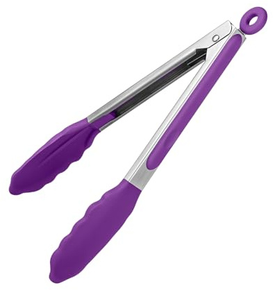 Heat Resistant Silicone Kitchen Tong: U-Taste 9 inch 480ºF Hot Proof Cooking Tong with Firm Sealed Non Stick Rubber Tips & Silicon Coated Steel Handle & Smooth Locking for Serving Grill Salad (Purple)