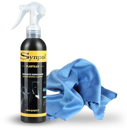 Synpol - Kit Detergente per Plastiche più Panno in Microfibra - per Gomme e Plastiche - Auto, Moto - Paraurti - Non Lascia Aloni - Detergente Profumato