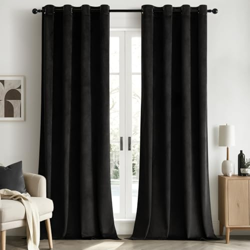 Woaboy Verdunkelungsvorhang Samt Gardinen mit Ösen 140x225 cm Schwarz | Vorhänge Samtvorhänge Blickdicht für Wohnzimmer Blackout Curtains Thermovorhang Schalldämmend Schlafzimmer 2er Set