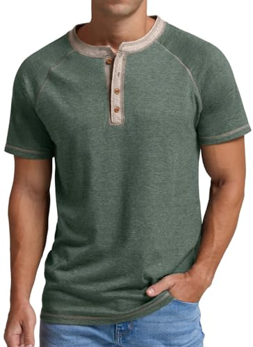 Sailwind Herr Henley T-shirt bomull klassisk farfar t-shirt sommar kortärmad löpning män toppar, Grön brokig, M
