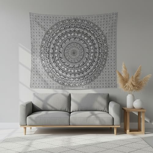 Craft Trade Mandala Schwarz und Weiß Wandteppich Indische Wandtuch Tapestry Wandbehang Boho Wandteppiche für Heimdeko Wohnzimmer und Schlafzimmer - 137 x 213 cm