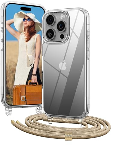 OLEPHY Handykette für iPhone 16 Pro Hülle mit Band, Golden | Necklace Handyhülle, Transparente Schutzhülle zum Umhängen [Verstellbarem und Demontage Umhängeband],