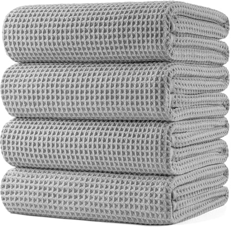 Polyte Badetuch Mikrofaser Waffel Schnelltrocknend 430 GSM 76,2x152,4 cm | 4er-Pack, Übergröße, fusselfrei, Körperhandtuch