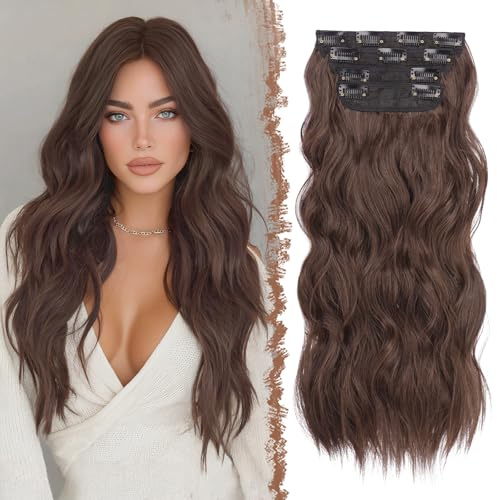 FESHFEN Clip in Extensions, 4PCS 50 cm Voller Kopf Haarverlängerungen mit Clips Synthetik Gewellte Haarextension Wavy Haar Extensions Clip in Haarteil für Frauen, Schokoladenbraun