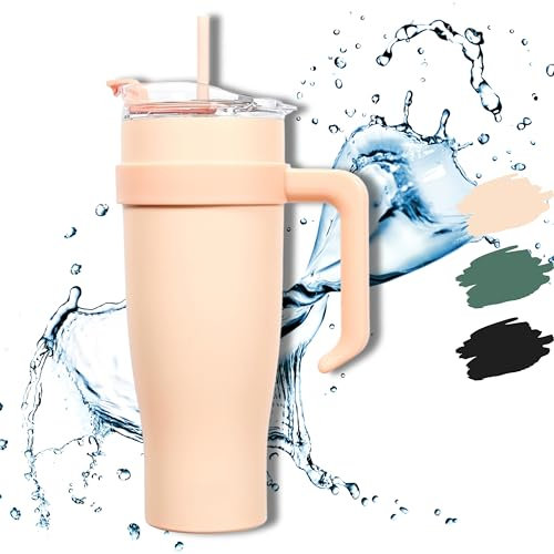 HAPPYCOSAS Bicchiere termico con cannuccia e manico, 1,2L, adatto al portabicchieri auto, doppia parete isolante, coperchio ermetico, mantiene caldo/freddo.