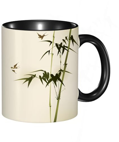 EKLMPS Becher aus Keramik, Ideal als Geschenk, Hochwertiger Aufdruck, Tasse mit Motiv, Tee Becher, Coffee Cup, 330ml,Bambuszweige im orientalischen Stil bemalen.