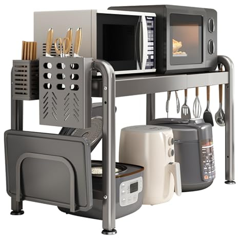 Sonhomay Support extensible pour four à micro-ondes avec support de planche à découper et 6 crochets - Étagère réglable pour ustensiles de cuisine - Organiseur pour grille-pain, four et machine à pain