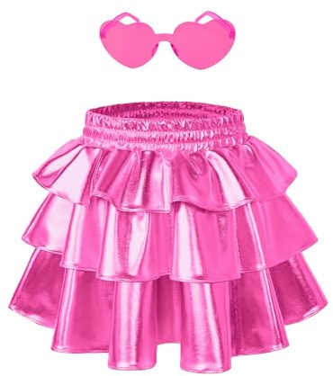 Girls Shiny Metallic Tutu Skirt Toddler Ruffle Mini Skirt Stretchy Rosen 6 7 with Sunglasses