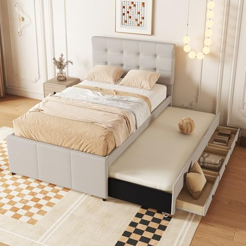 Cama tapizada, 90 x 200 cm, con cama nido de 90 x 190 cm, cama familiar, cama con tres cajones, cama enrollable extensible, cabecero ajustable, sin colchón (beige)