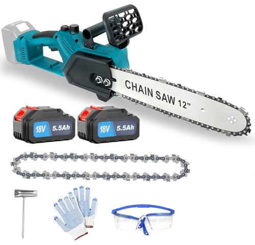 12 Inch Cordless Chainsaw for Makita 18V Battery, Portable Battery Powered Chainsaw Handheld Chain Saw for Tree Trimming Branches Wood Cutting (2Pcs 5.5Ah Battery)