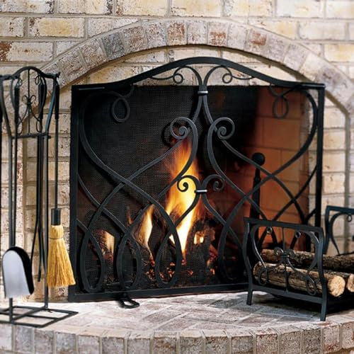 Matt Black Wrought Iron Fireplace Screen, 32 X 28 Inch Single Panel Spark Guard, Fireplace Cover Grate for Chimney, Indoor Outdoor Furniture Cover