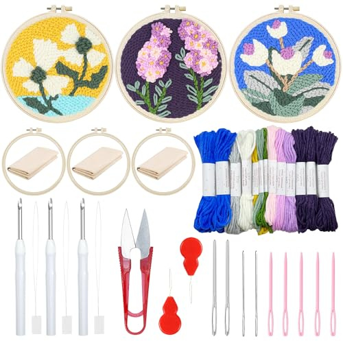 Woohome 3 Stück Punch Needle Anfänger Stickerei Set, Punch Needle Stoff mit Muster, Stickrahmen, Fäden, Anleitung für Kunsthandwerk (Weiße und Lila Blumen)