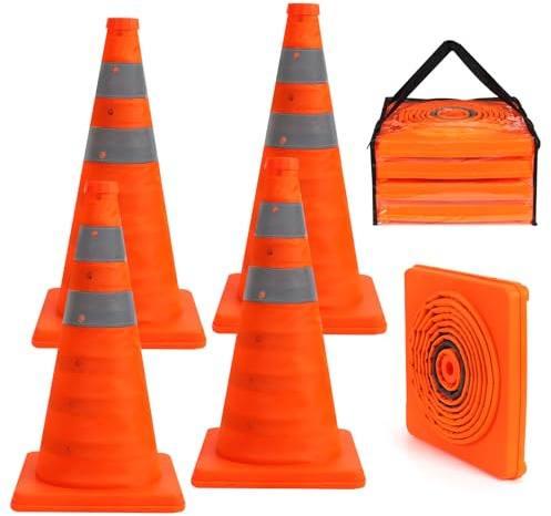 4 Pack 18'' Collapsible Traffic Safety Cones, Multi Purpose Pop-up Cones with Reflective Collar for Road Safety, Orange Cones for Driving Training, Parking Lots