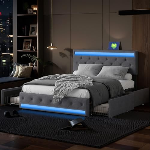 LONELYO Polsterbett 180x200 mit LED-Beleuchtung & USB-Ladestation – Dunkelgrau, 4 Schubladen & Verstellbares Kopfteil – Stabiler Metallrahmen