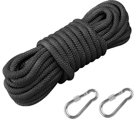 DXLing 10mm Corda in Polipropilene Nero 12m con 2 Moschettone Multiuso Corda per Esterni Fune in intrecciata Polipropilene per Interno Esterno