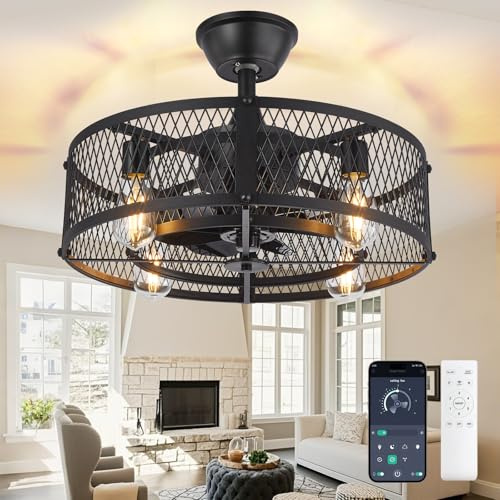 DLLT Caged Ceiling Fan with Light: 20 Farmhouse Fandelier with Lights and Remote & APP - Black Rustic Semi Flush Mount Bladeless Ceiling Fans Enclosed Fan for Bedroon Kitchen Living Dining Room