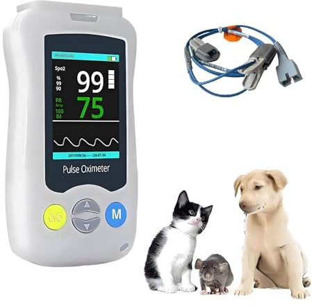 oiakus Pulsioximetro Veterinario de Mano, Pantalla de 2.4 Pulgadas Pulsioximetro Veterinario, Monitor de Pulso SPO2, Sensor de SPO2 de Oreja/Lengua.