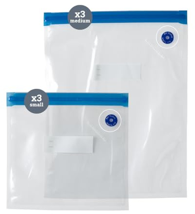 JML VacPack Fresh Food Bags | 6 Reusable Vacuum Sealer Freezer Bags, 3 Small & 3 Medium, Keep Food Fresh 4x Longer - Microwave Safe Food Storage, Works