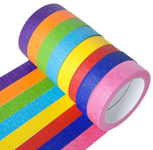 8 Rolls Rainbow Masking Tape Set – 15mm x 5m Colored Craft Tape in 8 Vibrant Shades – Easy Tear Washi Tape for DIY, Arts & Labeling – Durable, Writable Adhesive Tapes for Kids, Decor, Organizing