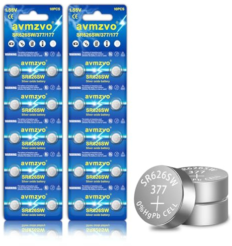 avmzvo SR626SW Knopfzelle Batterien,Uhrenbatterie 377 AG4 1.5V, 20 Stück | SR626/V377,Quecksilberfrei, kindersichere Verpackung【5 Jahre Garantie】
