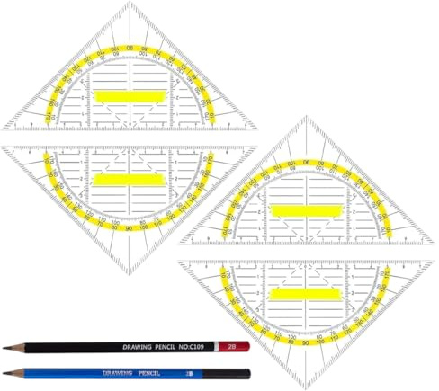 HABNI 4 Pcs Transportador Con Mango Desmontable Transportador 14 Cm Con Mango Desmontable Transportador De Plástico Transparente Con Escala Amarilla Escala Técnica Y Transportador Con 2 Lápiz 2B