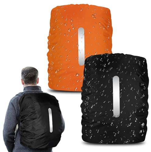 Techchii 2 PCS Waterproof Backpack Cover, Rucksack Rain Covers with Reflective Strap 30-40L Waterproof Bag Cover Suitable for Cycling, Hiking, Camping (Orange, Black)