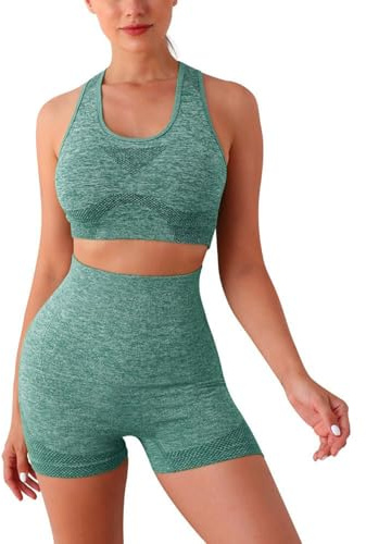 Gyaimxfu Conjunto Deportivo Mujer Fitness Verano Moda Chandal Dos Piezas Crop Top Y Short Leggings Cintura Alta Push Up Traje de Gimnasia Ropa Malla para Running Yoga Pilates Danza Sportwear Tracksuit