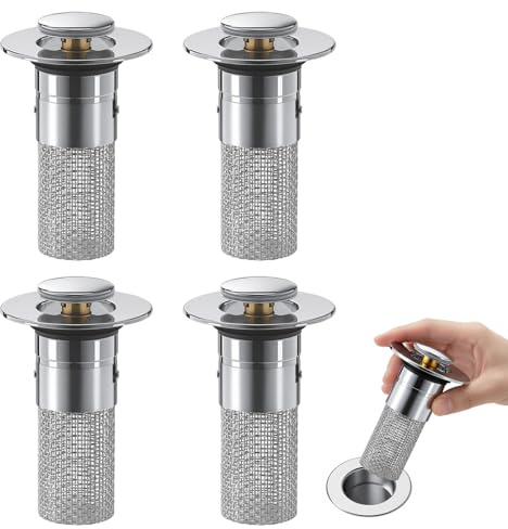 Universelles Abflusssieb aus Edelstahl, Waschbeckenstöpsel mit Sieb, Abflussstopfen mit Sieb, 4 Stück Filter mit Plastikkern und 304 Edelstahl Sieb, Ideal für Spülbecken und Badewannen