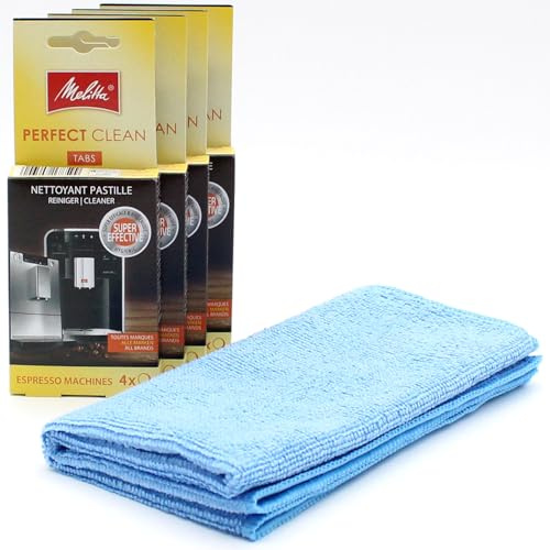16 Tabletas de limpieza para Cafeteras Automáticas + paño de Microfibra compatible con Melitta Perfect Clean, 16 Tabs x 1,8 g - Pastillas para máquinas de Café Expreso