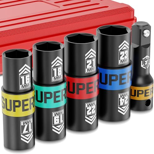 KIRXST Set de Douilles à Chocs 5 Pièces 1/2, Douille Double Tête 16-24 mm avec Tige d'Extension 3, Douilles à Impact Compatible Ford pour Voiture Fourgon Remorque