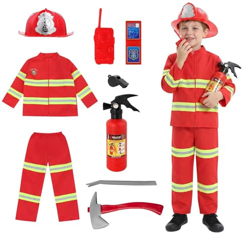 Disfraz de Bombero para Niños, Traje de Bombero Infantil con Accesorios, Juego de Rol de Disfraz Bombero Cosplay de Jefe de Bomberos, Disfraz Saja Boys Niño para Carnaval Halloween Fiesta Cosplay (M)