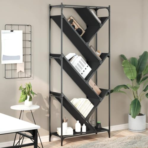 Foknhdi Libreria nera 79 x 30 x 180 cm, materiale legno/metallo, portata 60 kg, piedini regolabili, per soggiorno, ufficio, camera da letto